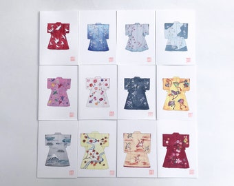 Collection of 12 Japanese art print card reproduction of watercolor painting with a kimono each month following seasons
