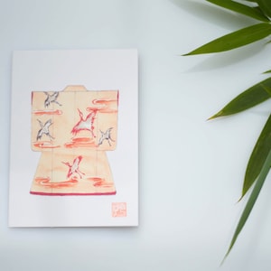 Carte art japonais, aquarelle, peinture kimono de mariage Japon, carte de voeux, carte d'anniversaire, illustration, uchikake grues du Japon