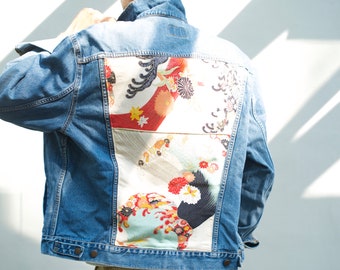 Denim jacket customized, patched with Japanese fabric, silk fabric, on vintage Levi's, men's size