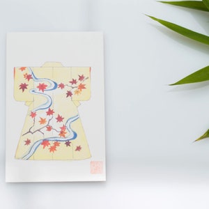 Carte art japonais, aquarelle, peinture automne Japon, carte de voeux, carte d'anniversaire, illustration d'un kimono à feuilles d'érable