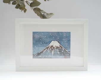 Original watercolor painting, Japan, Fuji-san in winter, Fuji mount, snowing landscape by Japanese artist