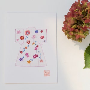 Wenskaart, postkaart, aquarel van een kimono door een japanse kunstenares, rode kimono met kraanvogels uit Japan