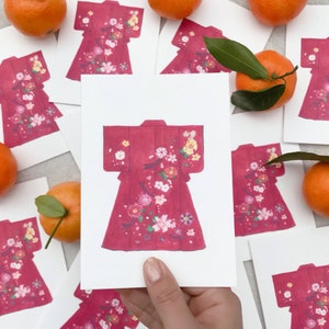 Carte art japonais, peinture aquarelle kimono du Japon, illustration d'un kimono rouge festif à fleurs, carte de Noël ou d'anniversaire,