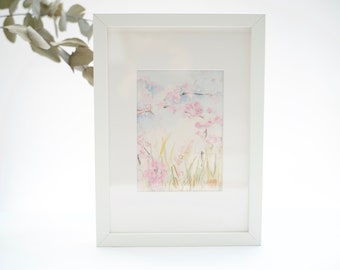 Original watercolor painting, Japan, Spring landscape with sakura cherry blossom by Japanese artist