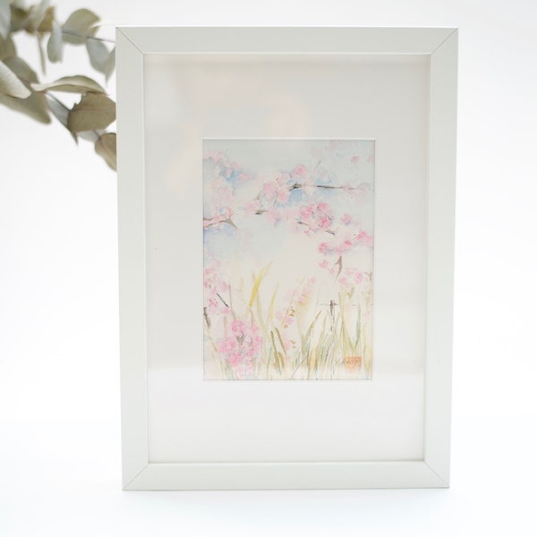 Aquarelle originale, Japon, peinture scène de printemps, fleurs de cerisiers sakura, par artiste japonaise