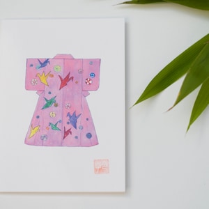 Carte art japonais, carte de voeux, carte d'anniversaire, aquarelle, illustration peinture kimono Japon, oiseaux origami