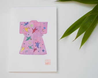 Japanese art card, message card, birthday card, watercolor, illustration, painting of kimono from Japan, origami cranes, Japanese art print