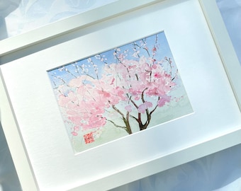 Original watercolor painting of Japanese cherry trees in bloom, by Japanese artist