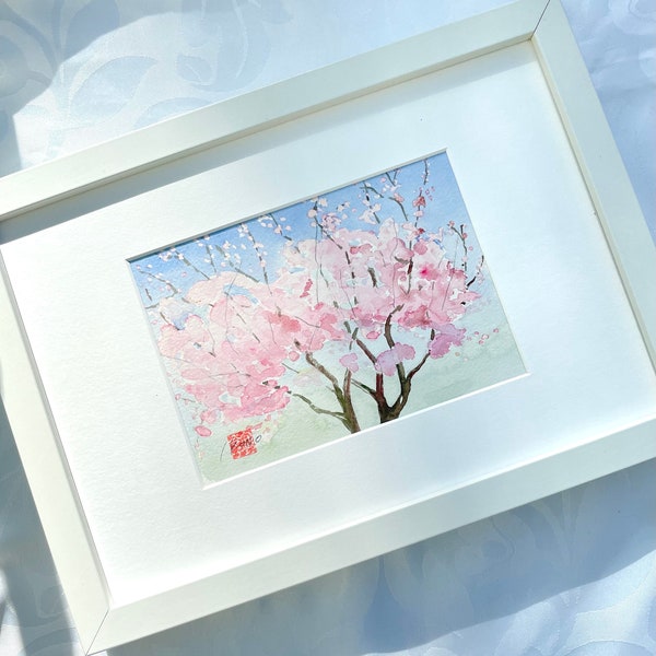 Aquarelle originale, peinture de cerisiers du Japon en fleurs, par artiste japonaise