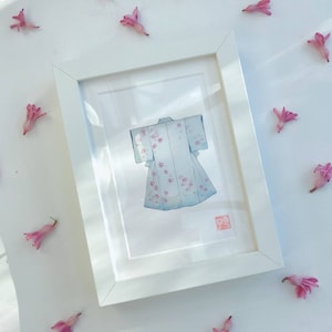 Carte de voeux, à message, d'anniversaire, aquarelle d'un kimono bleu à fleurs de cerisiers sakura, art japonais