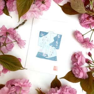 Carte de voeux, carte message, carte d'anniversaire, aquarelle d'un kimono, art japonais, kimono bleu à fleurs de cerisier pleureur