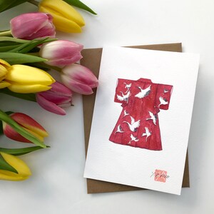 Carte de voeux, carte message, carte d'anniversaire, aquarelle d'un kimono, art japonais, kimono rouge avec grue du Japon