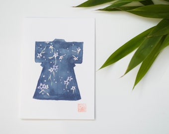 Japanese art print card with watercolor of a blue kimono painted by a Japanese artist to use as message card or birthday card