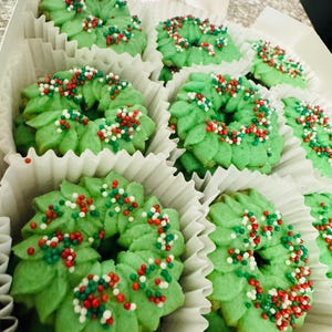 Butter Almond Hand Pressed Spritz Wreath Cookies with Festive Non Pareils GREAT GIFT! 4 Dozen