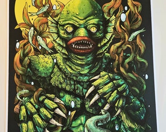 Ilustración de La criatura de la laguna negra, impresión del monstruo del pantano