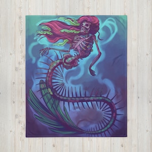 Skeleton Mermaid Throw Blanket, Dark Fantasy Siren Illustration, Gothic Blanket