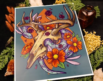 Fantasy "Deer Skull" Print, Macabre Artwork, Magical Serpent and Deer Skull Illustration