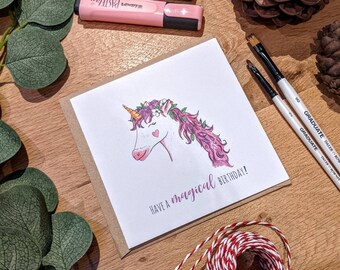 Magical unicorn watercolour design birthday card