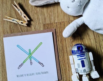 Watercolour design greetings card for welcoming baby Jedis!