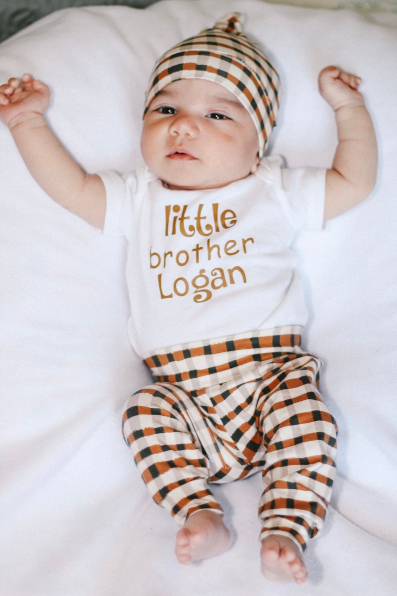 New Baby Gift 3 Piece Plaid Little Brother Set Hospital Outfit Coming Home Outfit Winter Personalized Take Home Outfit
