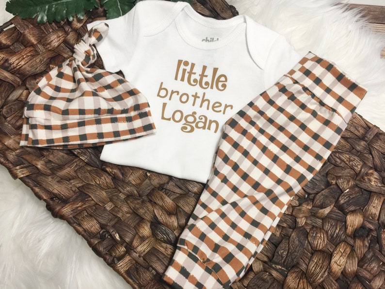 New Baby Gift 3 Piece Plaid Little Brother Set Hospital Outfit Coming Home Outfit Winter Personalized Take Home Outfit