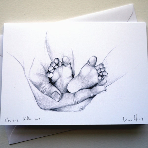 Handmade New baby card // Pencil drawing // New baby // Baby boy // Baby girl // New parents // New grandparents // Baby card //