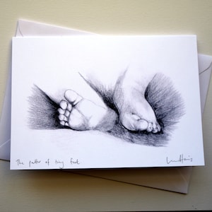 Dessin au crayon fait main // Nouvelle carte de bébé // Le motif de petits pieds // Petit garçon // Petite fille // Nouveaux parents // Félicitations pour la naissance //