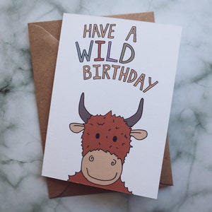 Cartão de aniversário da vaca das Terras Altas // Cartão de feliz aniversário para crianças
