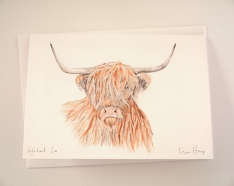 Cartão de vaca das Terras Altas feito à mão // Desenho a lápis // Aquarela // Cartão de feliz aniversário // Cartão de comemoração // Cartão da Escócia // Cartão de animal //
