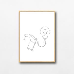 May include: Line drawing of a hearing aid with a microphone and a receiver. The hearing aid is connected to a small, round device with a wire.
