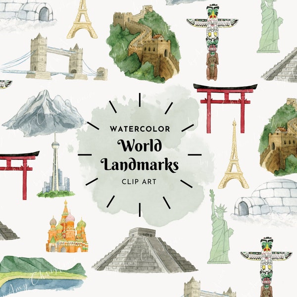 14 World Landmark Clipart, World monuments, Watercolor Travel Clipart, Great Wall of China, CN Tower, Christ the Redeemer statue, PNG art