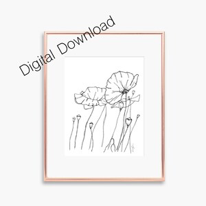 Poppy Digital Download, Wall Art, Floral art, Printable, Wall Decor, Flower Drawing