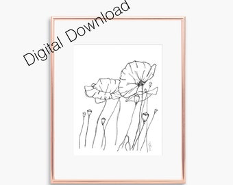 Poppy Digital Download, Wall Art, Floral art, Printable, Wall Decor, Flower Drawing