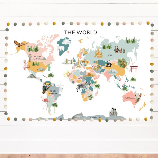 World Map, Pastel World Map, World Map Painting, Classroom Decor, Homeschool Classroom, School Classroom, Nursery Wall Art