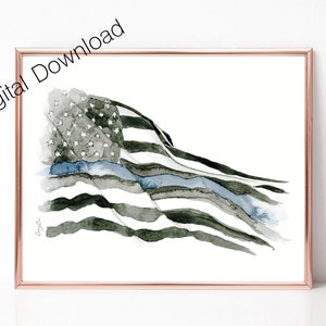 Thin Blue Line Flag Print, Printable Wall Art, Thin Blue Line Gift, Law Enforcement Flag, Digital Download, Blue and Black, Blue Line Flag