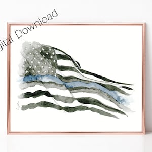 Dunne blauwe lijn vlag print, afdrukbare kunst aan de muur, dunne blauwe lijn cadeau, wetshandhaving vlag, digitale download, blauw en zwart, blauwe lijn vlag