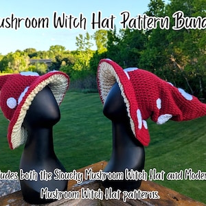 Peut inclure: Deux chapeaux de sorcière en crochet en forme de champignon sur des têtes de mannequin noires. Les chapeaux sont rouges avec des pois blancs et un dessous crème. Le texte indique : Mushroom Witch Hat Pattern Bundle. Includes both the Slouchy Mushroom Witch Hat and Modern Mushroom Witch Hat patterns.