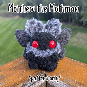 May include: A crocheted Mothman plush toy with black and grey fuzzy yarn, featuring two large, round, glossy red eyes. The text Motthew the Mothman is displayed at the top, and the text *pattern only* is displayed at the bottom of the image.