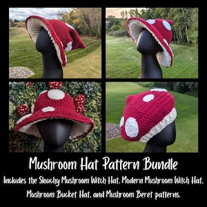 May include: A collection of four crocheted mushroom hats in red with white spots and cream-colored brims. The text reads: Mushroom Hat Pattern Bundle. Includes the Slouchy Mushroom Witch Hat, Modern Mushroom Witch Hat, Mushroom Bucket Hat, and Mushroom Beret patterns.