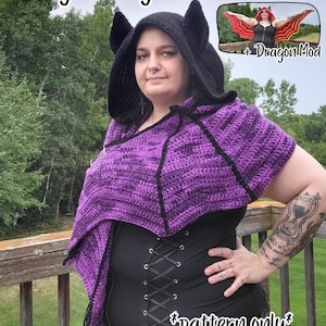 May include: A crocheted hooded shawl in black and variegated purple yarn, featuring pointed ear-like accents on the hood and wing-like structural details. The text reads Twilight Wings Hooded Shawl, Dragon Mod, and pattern only.