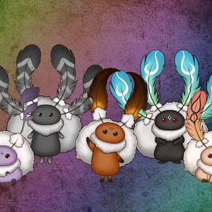 Puede incluir: Seis criaturas de dibujos animados blancas y esponjosas con alas y ojos de diferentes colores. Las criaturas tienen un cuerpo redondo y blanco con una pequeña cabeza negra y ojos. Las alas están hechas de plumas y son de varios colores, incluyendo negro, marrón, azul, verde y naranja.