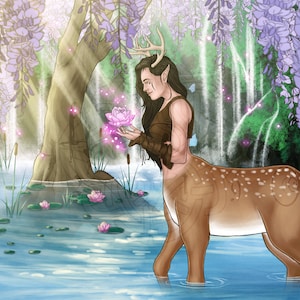 May include: A woman with deer antlers and a fawn-like lower body stands in a pond surrounded by purple wisteria flowers. She holds a pink flower in her hand, and there are small glowing lights around her.
