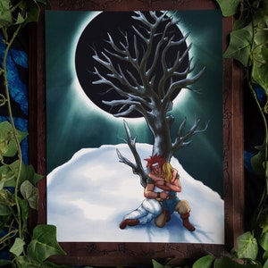 May include: A painting of a couple embracing under a bare tree with a dark, crescent moon in the background. The couple is standing on a snowy hill. The painting has a dark, moody feel.