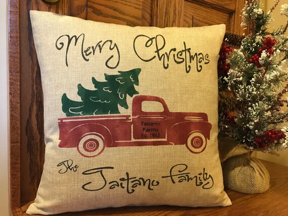 Merry Christmas Vintage Truck Trees Christmas Pillow Cover