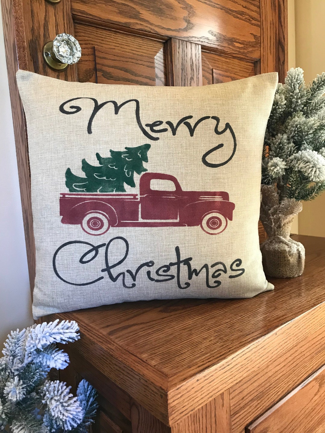 Red Truck Christmas Pillow Covervintage Christmas Truckred Etsy