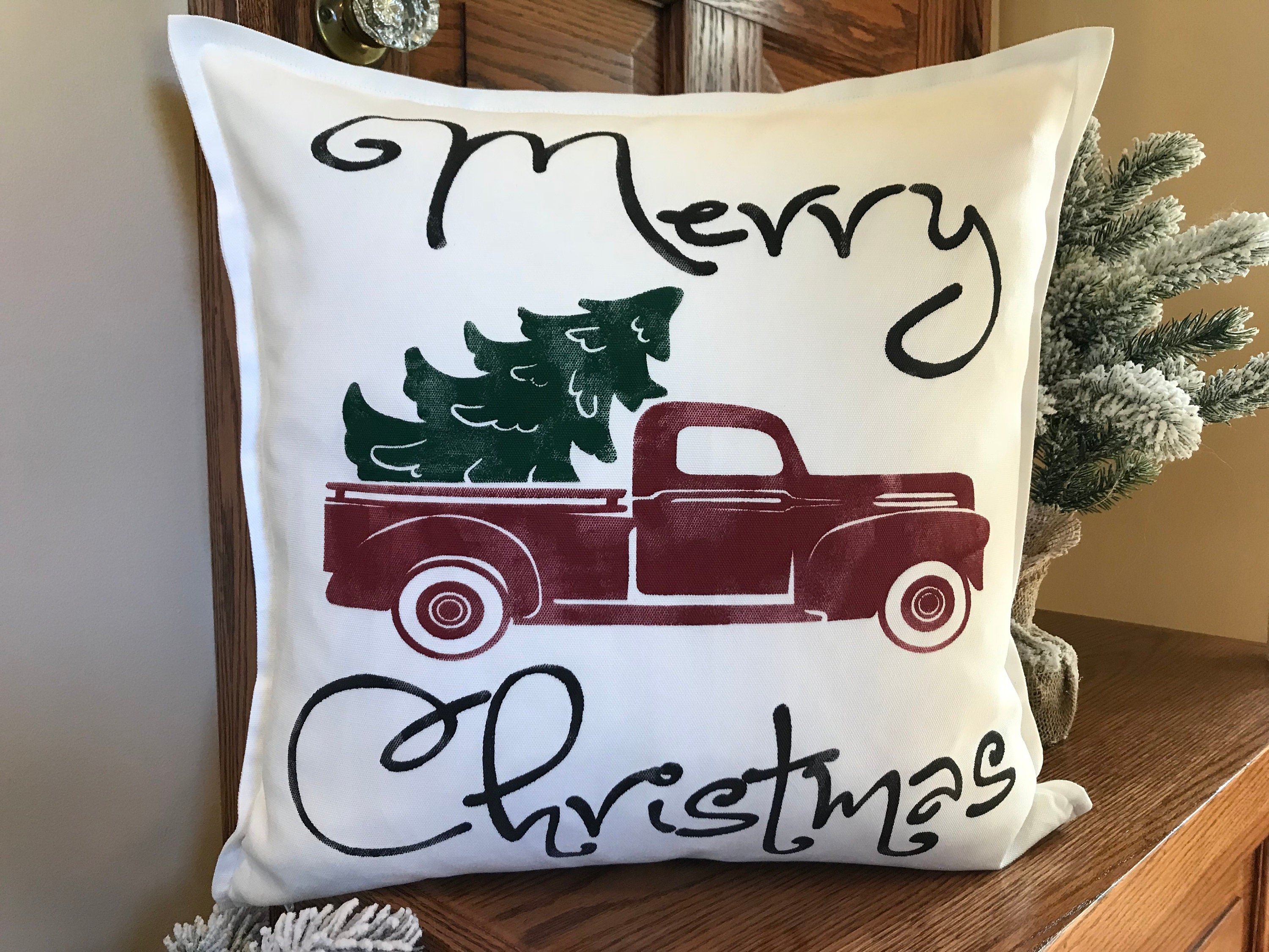 Red Truck Christmas Pillow Covervintage Christmas Truckred Etsy