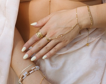 Radiance ring hand chain bracelet, gold dainty chain, hypoallergenic, slave bracelet exotic oriental jewelry, gift for woman, bohemian style