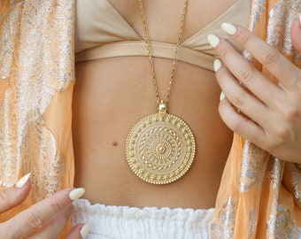 Jenelle Gold Sun Necklace | Statement Large Sun Pendant | Divine Feminine Gift | Goddess Jewelry | Boho Chic Wedding Long Chain