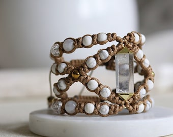 Macrame Howlite Moonstone Bracelet: 24k Gold Crystal Quartz, Adjustable