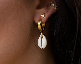 Ocean Hum Cowrie Hoop Earrings, Natural Shell Gold Huggies, Small Dangle Earrings, Beach Ocean Summer Bohemian Jewelry, Gift for Her Woman